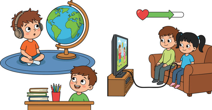 Cute Cartoon Kids Learning Geography Studying and Playing Video Games Illustration Collection for Education and Entertainment Concepts