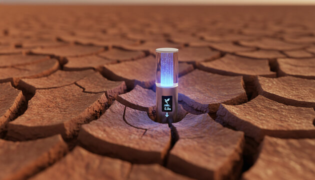 High tech glowing blue moisture sensor probe in cracked dry earth