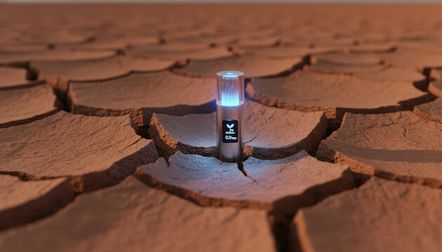 High tech glowing blue moisture sensor probe in cracked dry earth