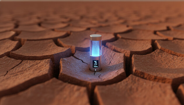 High tech glowing blue moisture sensor probe in cracked dry earth