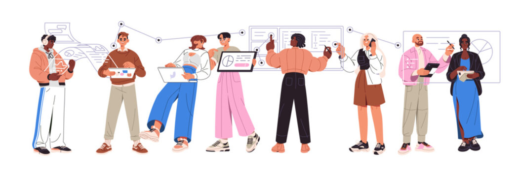 Concept of networks, communication and teamwork in development team. Employees work together. Business collaboration. Cooperation of office workers. Flat isolated vector illustration on white