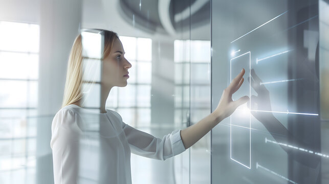 A profile shot of a young elegant businesswoman touching a glowing glass interactive display screen panel, analyzing digital virtual data interfaces inside a bright modern corporate office building.