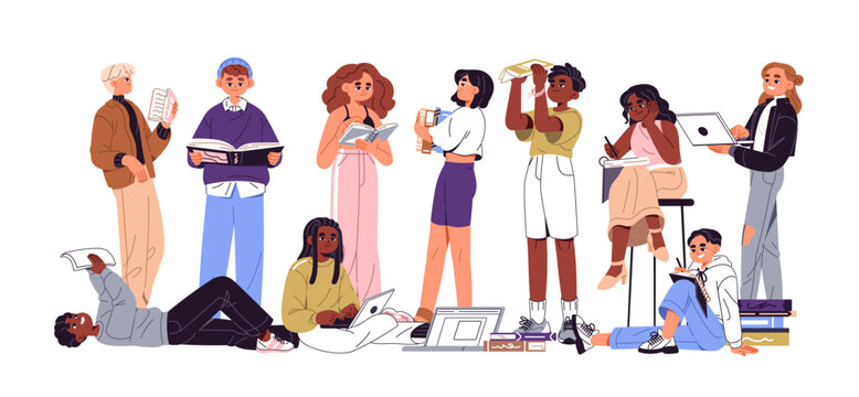 Group of kids is learning together with textbooks and laptops. Children are reading books standing, sitting and lying. Students study, take notes. Flat isolated vector illustration on white background
