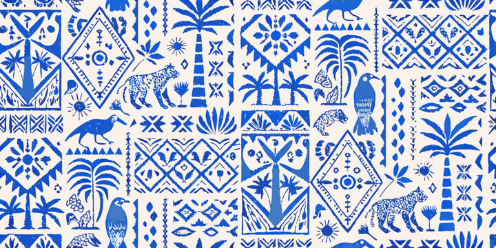 blue tropical pattern with leopards toucans and palm leaves