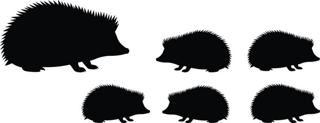 Hedgehog family wild animal black silhouette vector set featuring mother and baby shapes isolated on transparent background