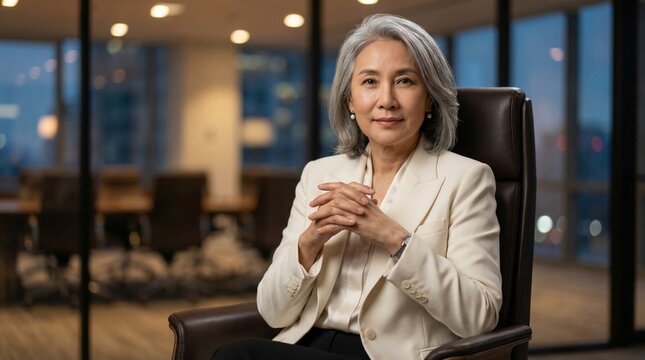 The Compassionate Matriarch: Elegant Senior Thai-Korean Female Executive in Leather Chair on Blurred Office Bokeh