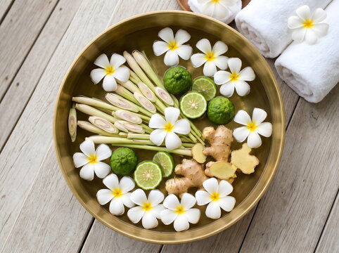 Top view of luxury Thai spa foot bath with lemongrass, kaffir lime, ginger and frangipani flowers floating in a brass bowl