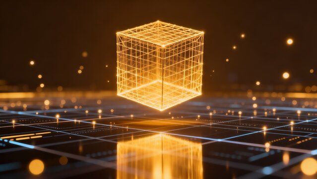 Golden wireframe cube on reflective surface