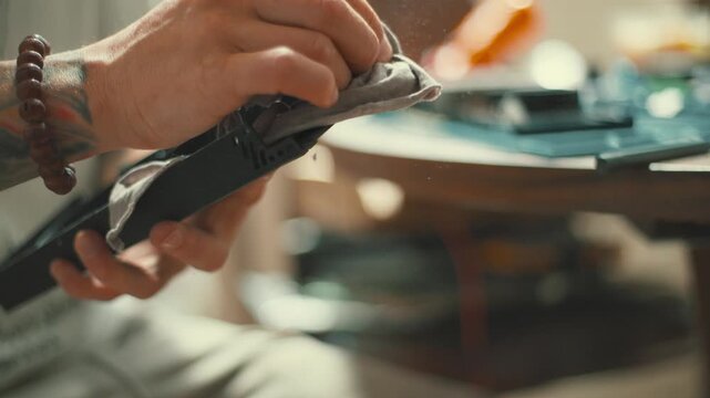 Cleaning a device part at home during afternoon hours in a cozy indoor setting