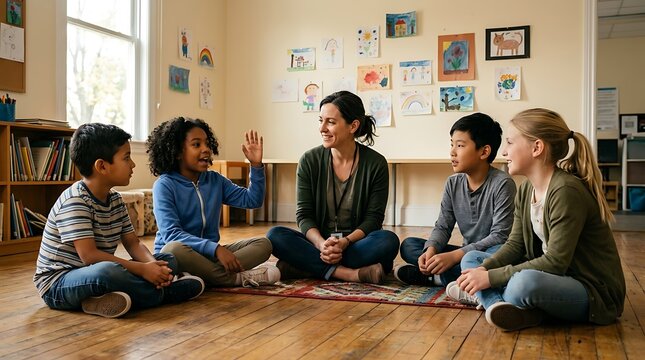 Diverse group of children and teacher sitting in a circle on the floor, engaging in a classroom discussion