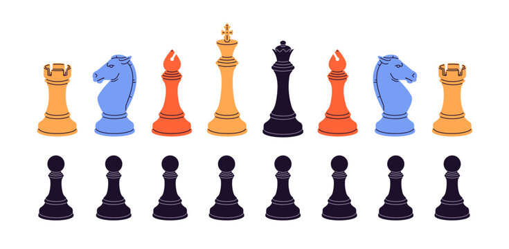 Set of black and patterned chess pieces. Colourful chessmen- pawns, knight, king, bishop, queen and rook. Chessboard figures to play game. Flat isolated vector illustrations on white background