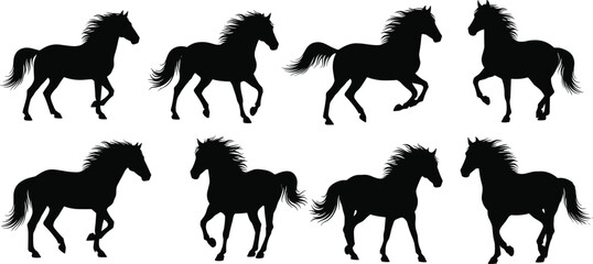 Galloping wild horse stallion black silhouette vector collection featuring trotting equine shapes isolated on transparent background © Olivia