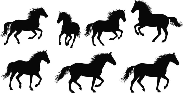 Running horse stallion black silhouette vector pack featuring various trotting equestrian shapes isolated on transparent background