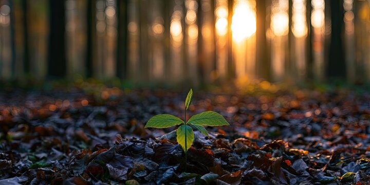 Young sapling emerges from fallen leaves in sunlit forest
