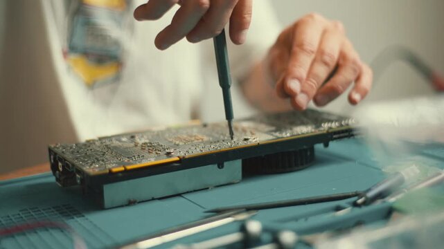 Repairing a computer graphics card in a workshop setting with tools and parts on a table during daylight hours