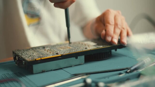 Working on a computer circuit board with tools in a well-lit area during daytime