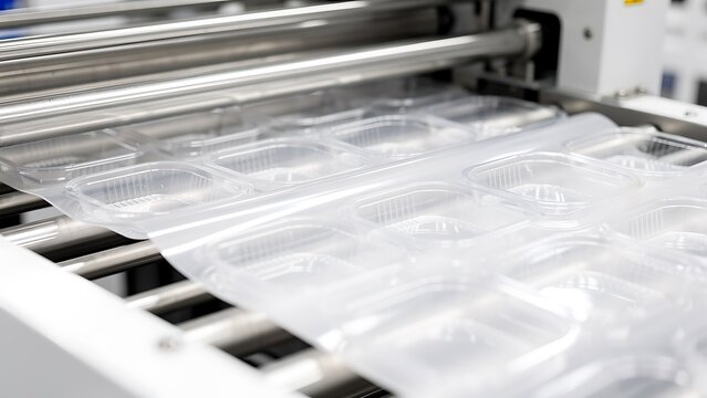 Plastic food container manufacturing process on industrial conveyor line. Automatic machine producing packaging tray in factory. Mass production technology for food industry automation.