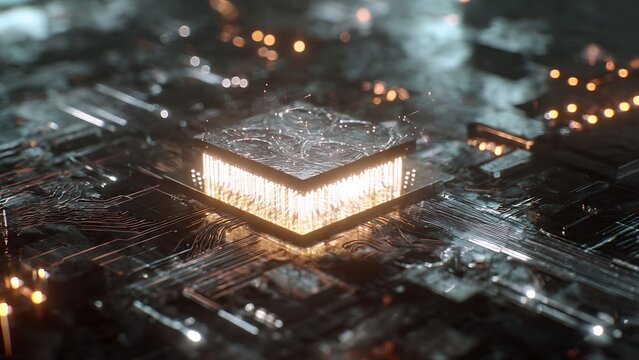 Microchip on circuit board glowing brightly.