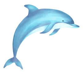 Obraz premium Adorable watercolor illustration sea animal dolphin character for children. International Dolphin Day. Hand-drawn underwater cartoon animal for baby shower invitations. Clip art for nursery wall art