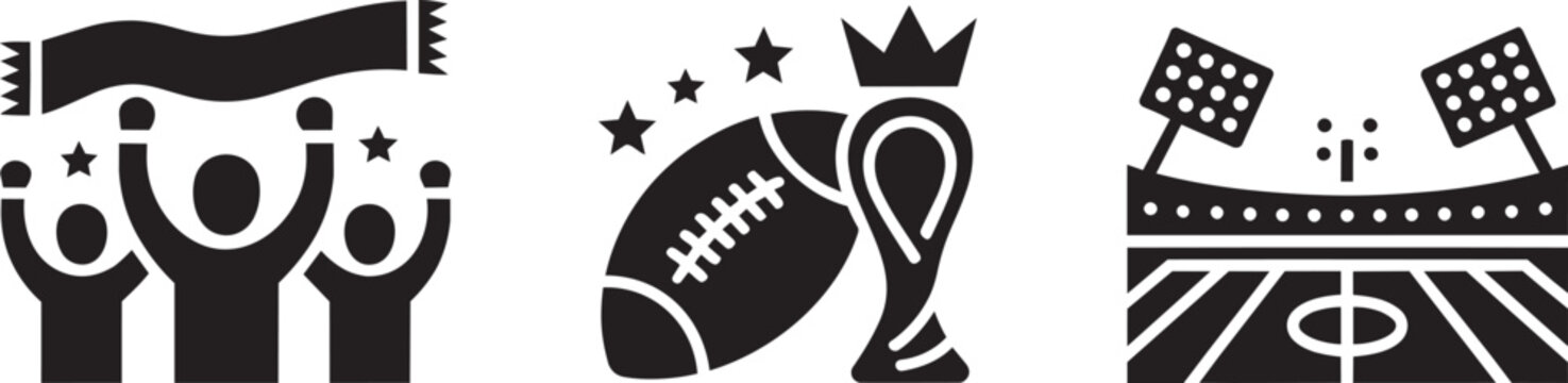 American football icons set fans cheering, trophy with stars, and stadium with lights and sport in outline style
