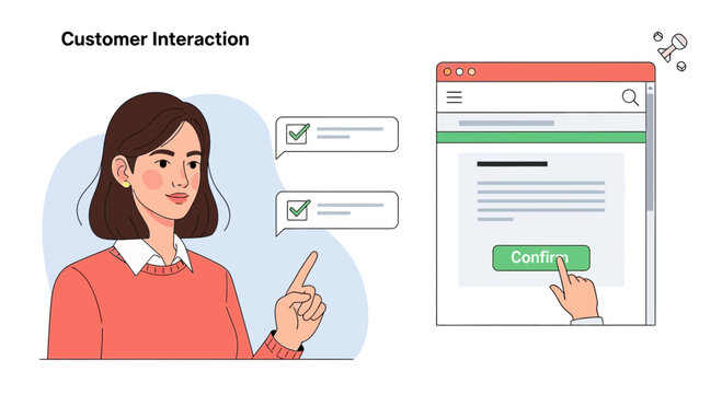 Customer interaction with interface, confirmation button click, digital communication