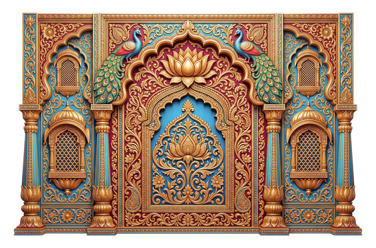 Royal Indian Peacock Arch PNG, Luxury Mughal Lotus Frame, Ornate Palace Window, Traditional Mandap Background Design