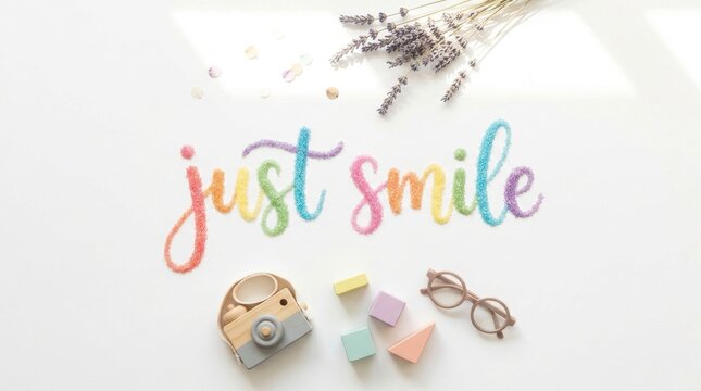 Just smile calligraphic text written with colorful sugar glitter near wooden camera toy, eyeglasses and lavender flowers on white surface, childhood lifestyle concept
