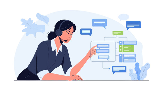 Customer service agent with headset, interacting with chatbot flowchart.