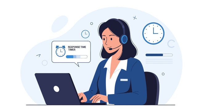 Customer service operator with headset and laptop, response time monitoring