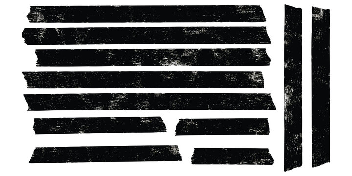 Set of black adhesive tape strips with rough texture and torn edges for paper crafts and design