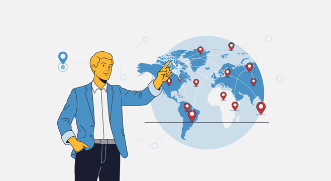 Businessman pointing at globe with location pins on world map, global network concept