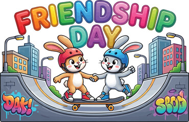 Fototapeta premium Friendship day cartoon rabbits skateboarding together in city