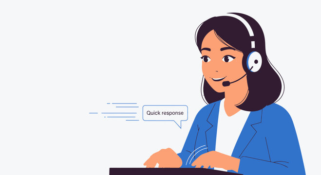 Customer service representative with headset and keyboard, quick response concept