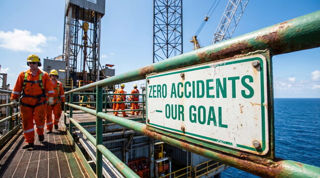 Oil rig workers walking on platform with 'Zero Accidents Our Goal' sign, offshore drilling operation, industrial safety concept.