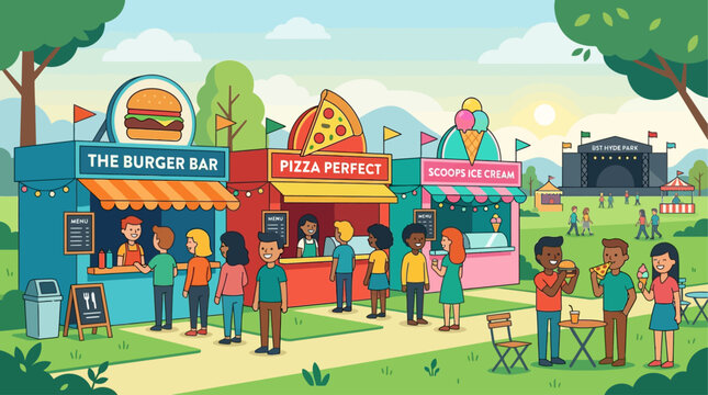 A vibrant flat design illustration showcasing diverse food stalls at BST Hyde Park, depicted with simple, clean shapes and a limited color palette