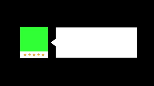 Modern Testimonial Card Animation with Rating Stars and Speech Bubble Design on Black Background Clean Review Box Motion Graphic with Quote Style Layout for UI Presentation