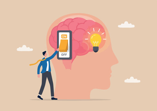 Turn on brain think, creativity, thought or concentration, smart thinking or emotional intelligence, mindset, wisdom an knowledge concept, smart businessman genius turn on switch on own brain