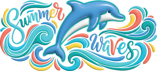 Vibrant summer illustration of a dolphin riding colorful waves © Mohammad