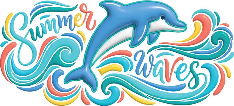 Vibrant summer illustration of a dolphin riding colorful waves
