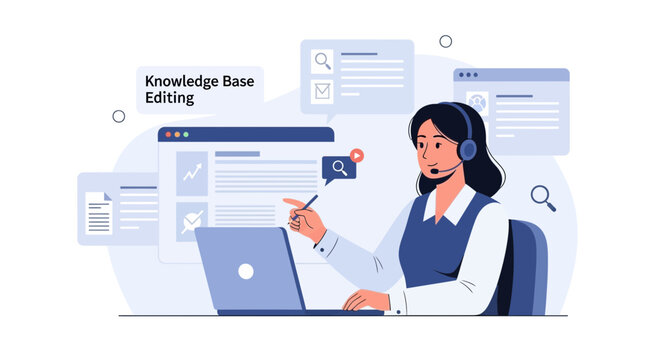 Customer Support Agent Editing Knowledge Base with Laptop and Headset