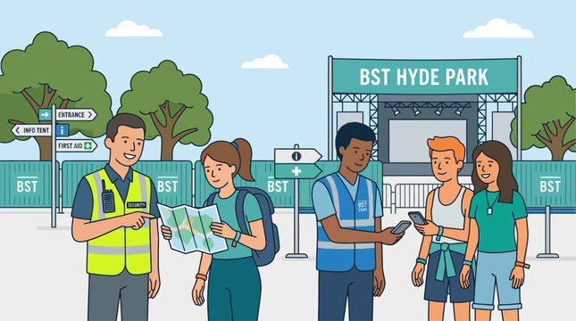 A clear flat design illustration showing event security and staff ensuring safety and assistance at BST Hyde Park, using clean lines and a limited color palette. 