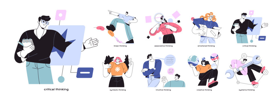 Different mental mindsets concept set. People with thinking types- associative, critical, intuitive, creative. Psychological models. MBTI personalities. Flat isolated vector illustrations on white