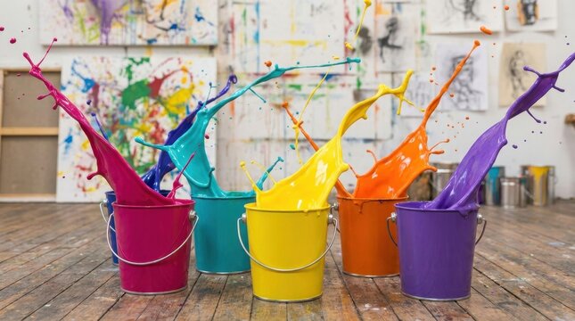 Vibrant colorful paint splashes erupting from small metal buckets on wooden floor inside a messy art studio workshop background, creative abstract artwork concept