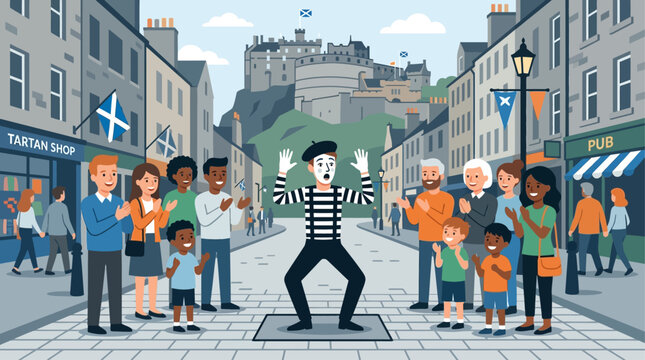 A vibrant flat design illustration captures the essence of a street mime captivating a diverse audience on Edinburgh's Royal Mile during the Fringe Festival. 