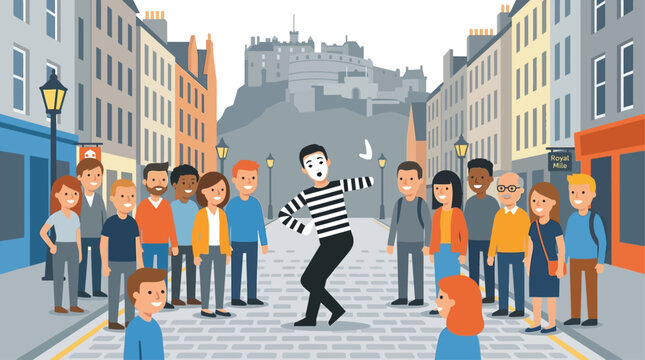 A vibrant flat design illustration captures the essence of a street mime captivating a diverse audience on Edinburgh's Royal Mile during the Fringe Festival. 