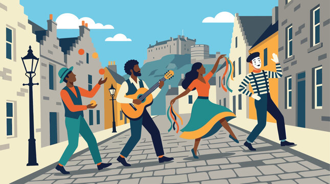 A lively flat design illustration captures a diverse parade of street performers&mdash;jugglers, musicians, mimes, and dancers&mdash;celebrating the vibrant spirit of the Edinburgh Fringe Festival. 