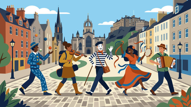 A lively flat design illustration captures a diverse parade of street performers&mdash;jugglers, musicians, mimes, and dancers&mdash;celebrating the vibrant spirit of the Edinburgh Fringe Festival. 