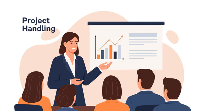Businesswoman presenting project handling strategy with graph on whiteboard