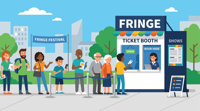 This flat design illustration depicts a diverse group of enthusiastic people queuing at a ticket booth, eager to experience the wide array of shows at the Edinburgh Fringe Festival. 