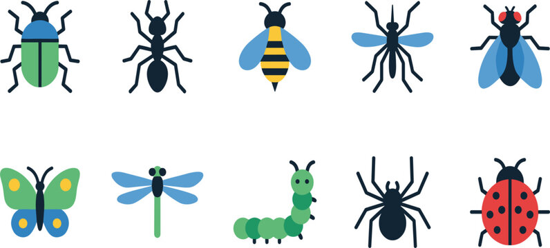 Insect and Bug Icon Collection Featuring Butterfly, Bee, Ant, Dragonfly, Caterpillar, Ladybug, and Flying Insect Nature Symbols